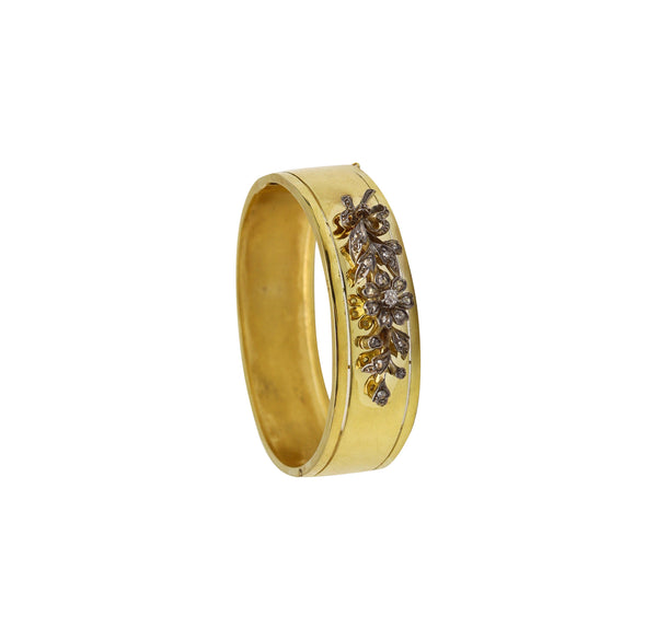 -French 1850 Victorian Bangle Bracelet In 14Kt Gold With Rose Cut Diamonds
