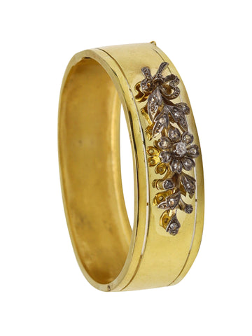-French 1850 Victorian Bangle Bracelet In 14Kt Gold With Rose Cut Diamonds