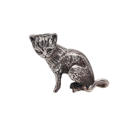 CAT MINIATURE 1970 Italian Figure Of A Cat In Solid Textured .925 Sterling Silver