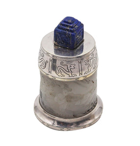 +England 1929 Art Deco Chinoiserie Desk Lighter In Sterling Silver White Jade And Lapis