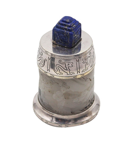 +England 1929 Art Deco Chinoiserie Desk Lighter In Sterling Silver White Jade And Lapis