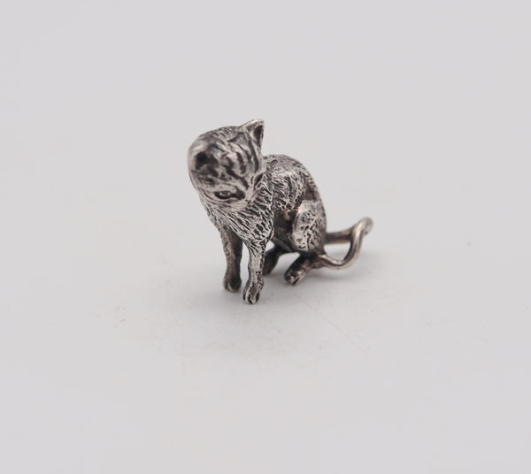 CAT MINIATURE 1970 Italian Figure Of A Cat In Solid Textured .925 Sterling Silver