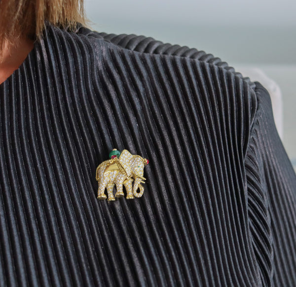 -Cartier Paris Elephant Brooch In 18Kt Gold With 5.24 Ctw Diamonds Emeralds & Rubies