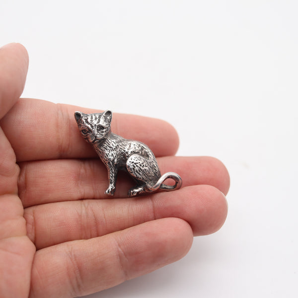 CAT MINIATURE 1970 Italian Figure Of A Cat In Solid Textured .925 Sterling Silver
