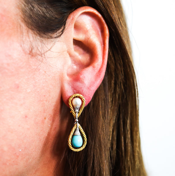 -Mario Buccellati 1970 Dangle Earrings In 18Kt Gold With Turquoises And Pearls