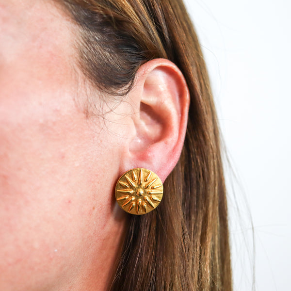 -Zolotas Greece Round Sunburst Studs Earrings in Solid 18Kt Yellow Gold