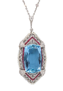 TIFFANY & CO. 1925 Art Deco Platinum Pendant Necklace With Santa Maria Aquamarine