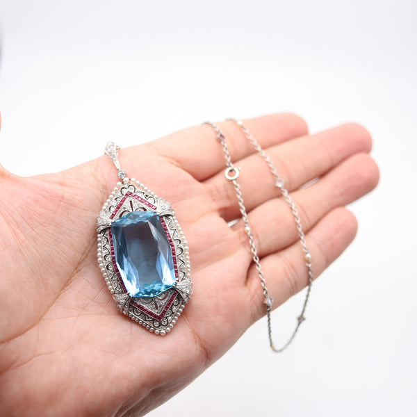 TIFFANY & CO. 1925 Art Deco Platinum Pendant Necklace With Santa Maria Aquamarine