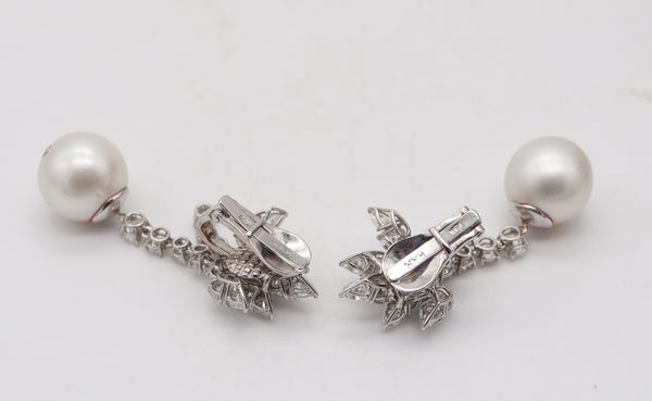 SOUTH-SEAS PEARLS Platinum Dangle Cluster Earrings With 13.60 Ctw VS Diamonds