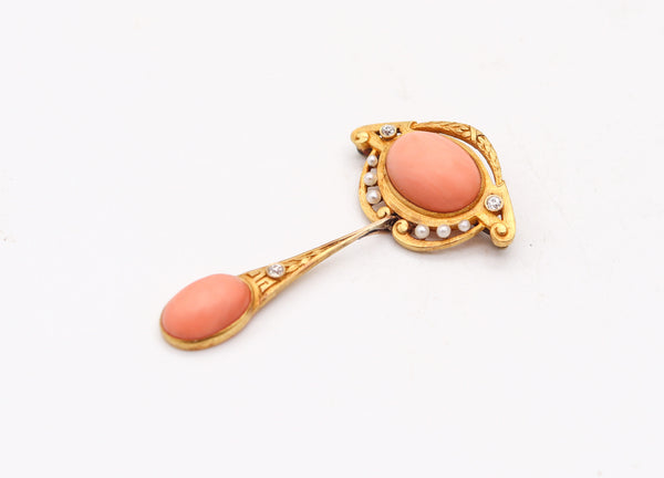 LIBERTY STYLE 1890 England Pendant-brooch In 18Kt Gold, Coral, Pearls & Diamonds
