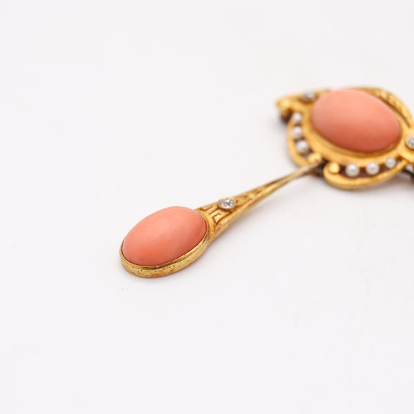 LIBERTY STYLE 1890 England Pendant-brooch In 18Kt Gold, Coral, Pearls & Diamonds