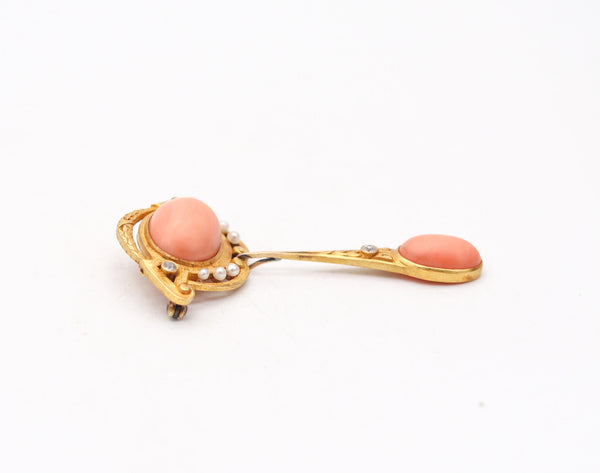 LIBERTY STYLE 1890 England Pendant-brooch In 18Kt Gold, Coral, Pearls & Diamonds