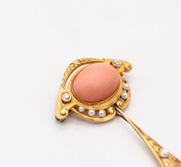 LIBERTY STYLE 1890 England Pendant-brooch In 18Kt Gold, Coral, Pearls & Diamonds