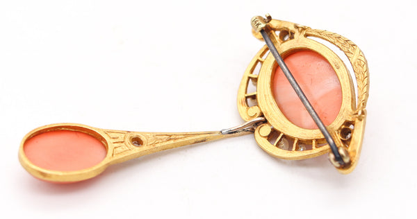 LIBERTY STYLE 1890 England Pendant-brooch In 18Kt Gold, Coral, Pearls & Diamonds