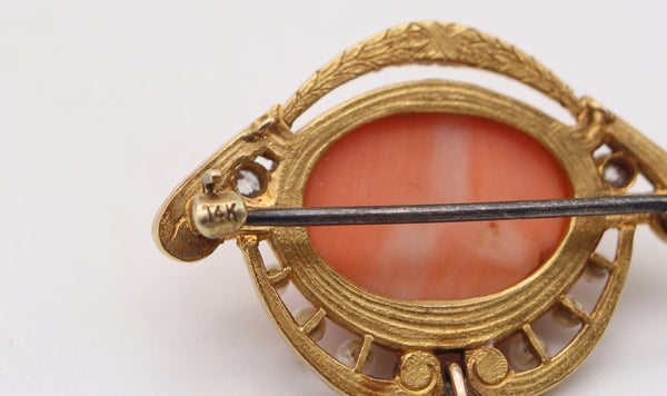 LIBERTY STYLE 1890 England Pendant-brooch In 18Kt Gold, Coral, Pearls & Diamonds