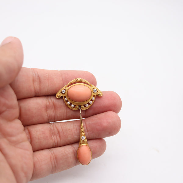 LIBERTY STYLE 1890 England Pendant-brooch In 18Kt Gold, Coral, Pearls & Diamonds