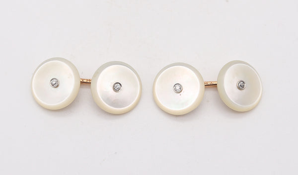 J.B. CALDWELL 1925 Art Deco Nacre Cufflinks In 14Kt Gold With Diamonds In Box