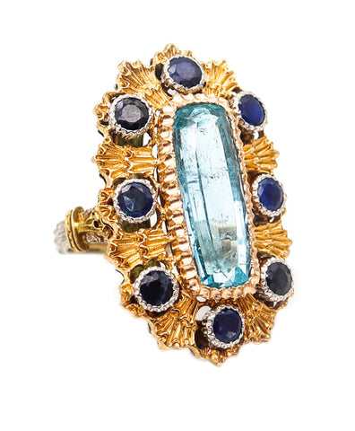 -Mario Buccellati 1970 Milano Ring in 18Kt Gold With 7.05 Ctw Aquamarine & Sapphires