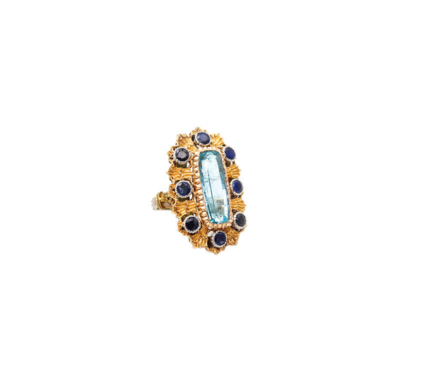 -Mario Buccellati 1970 Milano Ring in 18Kt Gold With 7.05 Ctw Aquamarine & Sapphires