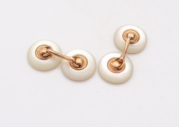 J.B. CALDWELL 1925 Art Deco Nacre Cufflinks In 14Kt Gold With Diamonds In Box