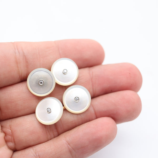 J.B. CALDWELL 1925 Art Deco Nacre Cufflinks In 14Kt Gold With Diamonds In Box