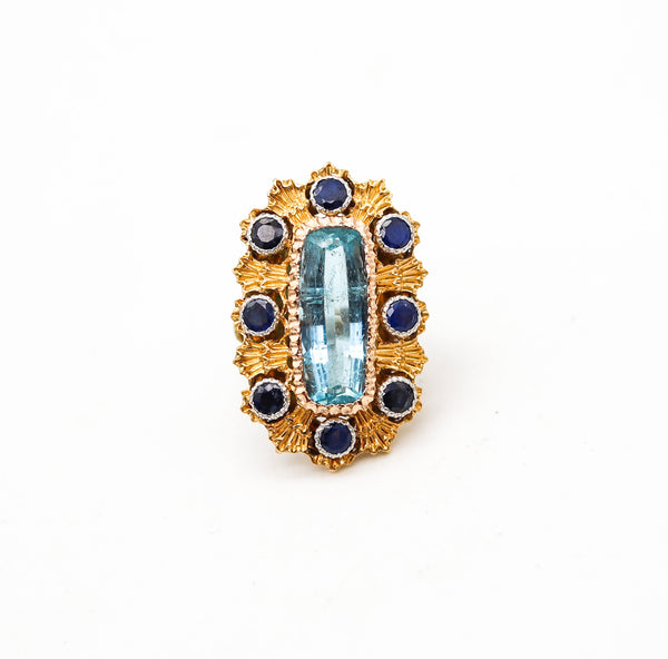 -Mario Buccellati 1970 Milano Ring in 18Kt Gold With 7.05 Ctw Aquamarine & Sapphires
