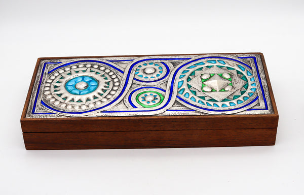 -OTTAVIANI 1960 Modernist Cedar Box With Enameled Designs .925 Sterling Silver