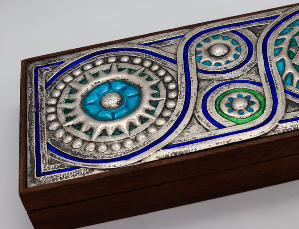 -OTTAVIANI 1960 Modernist Cedar Box With Enameled Designs .925 Sterling Silver