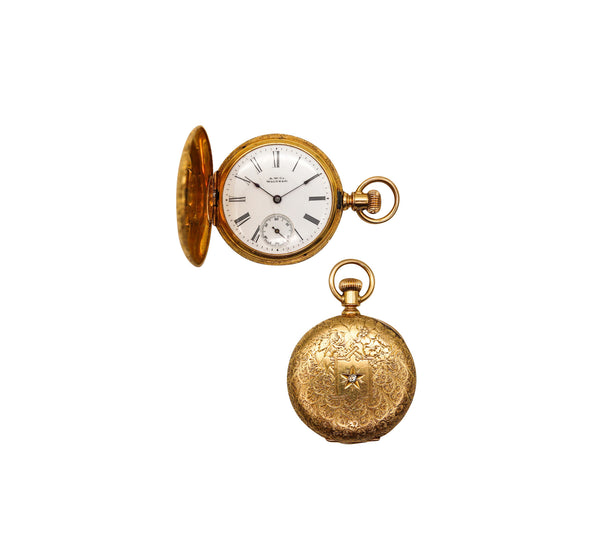 -Waltham 1886 Riverside Size 0s Hunting Pocket Watch In 18Kt Yellow Gold With Diamond