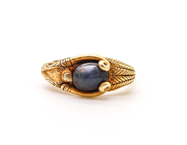 -Victorian 1860 Ancient Revival Ram Ring In 22Kt Yellow Gold With a Sapphire