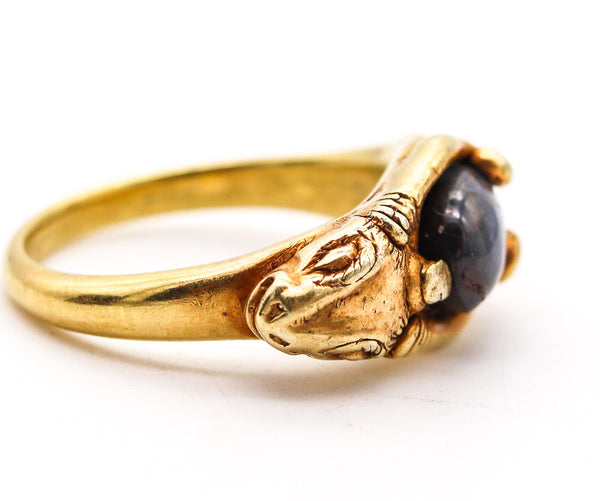 -Victorian 1860 Ancient Revival Ram Ring In 22Kt Yellow Gold With a Sapphire