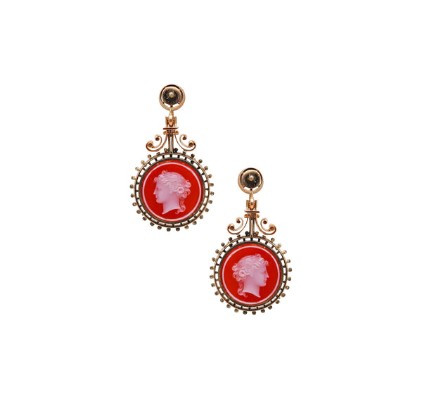 -Victorian 1850 Etruscan Revival Dangle Drop Earrings In 14Kt Gold With Agates Intaglios