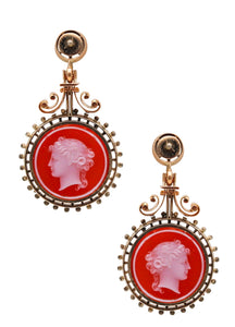 -Victorian 1850 Etruscan Revival Dangle Drop Earrings In 14Kt Gold With Agates Intaglios