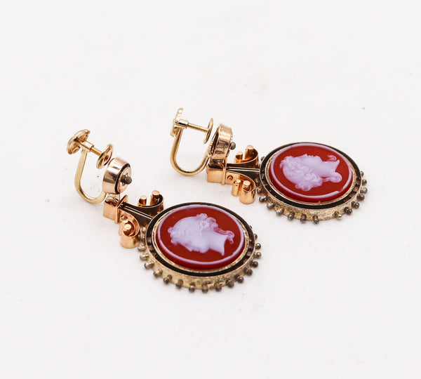 -Victorian 1850 Etruscan Revival Dangle Drop Earrings In 14Kt Gold With Agates Intaglios