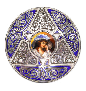 +Edwardian 1905 German Enameled Round Box In .900 Silver Imported Into France