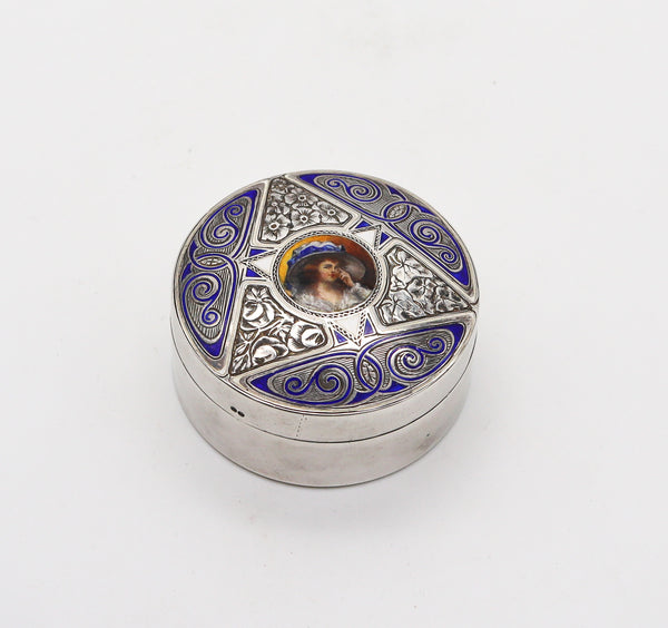 +Edwardian 1905 German Enameled Round Box In .900 Silver Imported Into France