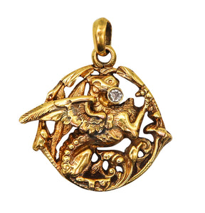 -England 1885 Neo Gothic Pendant With Griffin In 18Kt Yellow Gold With Diamond