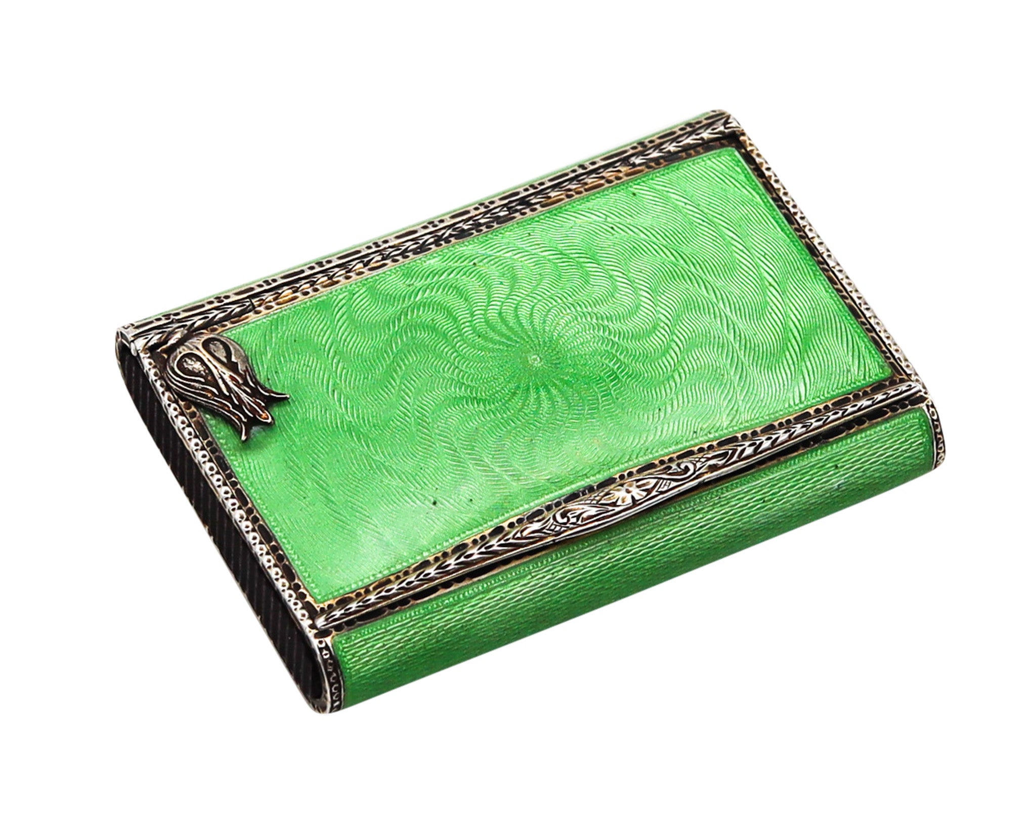 -Louis Kuppenheim 1927 Guilloché Green Enamel Vesta Box In 925 Silver Pill Box