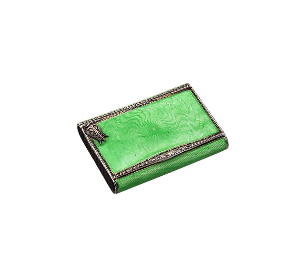 -Louis Kuppenheim 1927 Guilloché Green Enamel Vesta Box In 925 Silver Pill Box