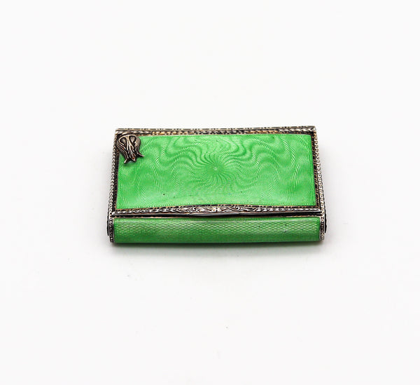 -Louis Kuppenheim 1927 Guilloché Green Enamel Vesta Box In 925 Silver Pill Box