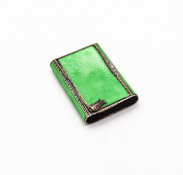 -Louis Kuppenheim 1927 Guilloché Green Enamel Vesta Box In 925 Silver Pill Box