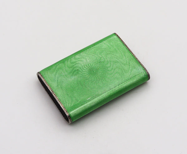 -Louis Kuppenheim 1927 Guilloché Green Enamel Vesta Box In 925 Silver Pill Box