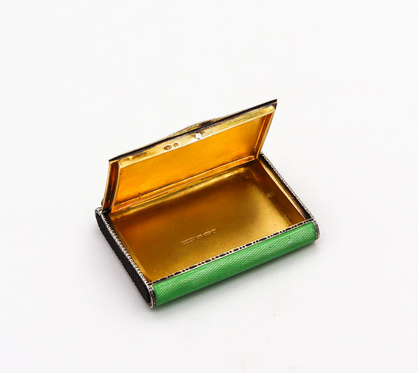 -Louis Kuppenheim 1927 Guilloché Green Enamel Vesta Box In 925 Silver Pill Box