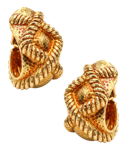 DAVID WEBB 1975 Cased Knoots Hoop Clips Earrings In Solid 18Kt Yellow Gold