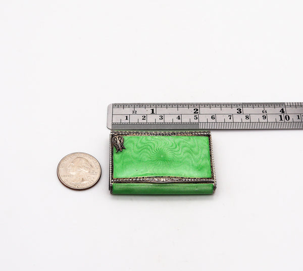 -Louis Kuppenheim 1927 Guilloché Green Enamel Vesta Box In 925 Silver Pill Box