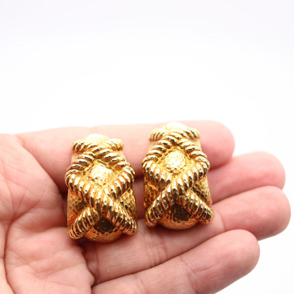 DAVID WEBB 1975 Cased Knoots Hoop Clips Earrings In Solid 18Kt Yellow Gold