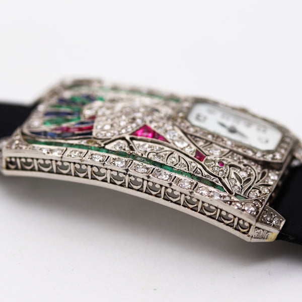 AUSTRIAN Art Deco 1925 Curvex Wristwatch in Platinum With 7.75 Ctw in Gemstones