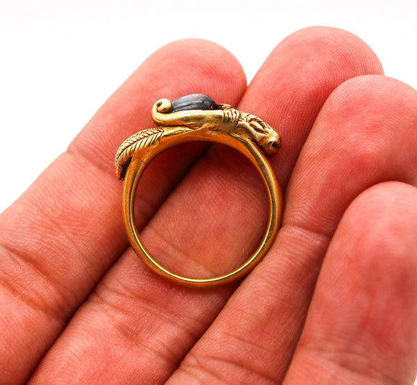 -Victorian 1860 Ancient Revival Ram Ring In 22Kt Yellow Gold With a Sapphire