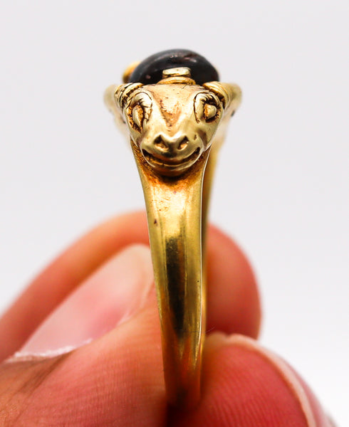 -Victorian 1860 Ancient Revival Ram Ring In 22Kt Yellow Gold With a Sapphire