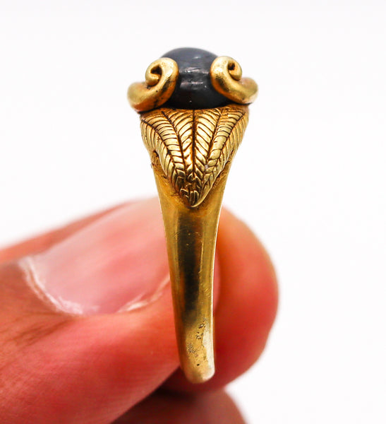 -Victorian 1860 Ancient Revival Ram Ring In 22Kt Yellow Gold With a Sapphire